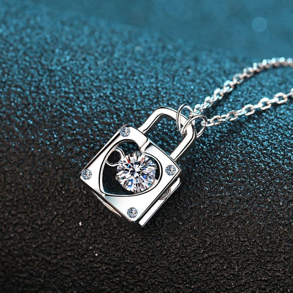 Certified 1/3 ct. t.w. Diamond Moissanite Dancing Heart Lock Necklace NEW - Picture 2 of 9